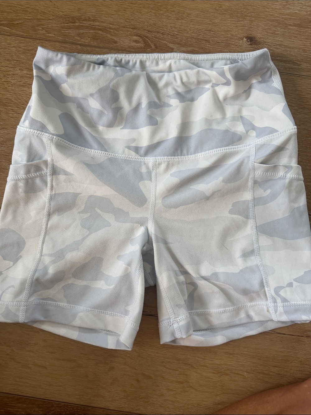 High-Waist White Camo Women’s Workout Shorts